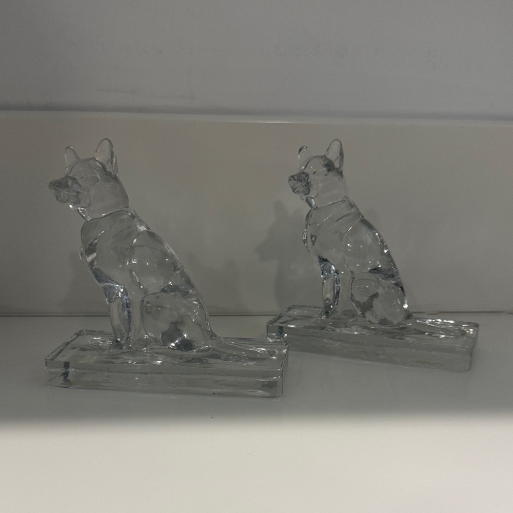 VINTAGE German Shepherd Figurine Book Ends Viking Martinsville Glass Crystal Dog